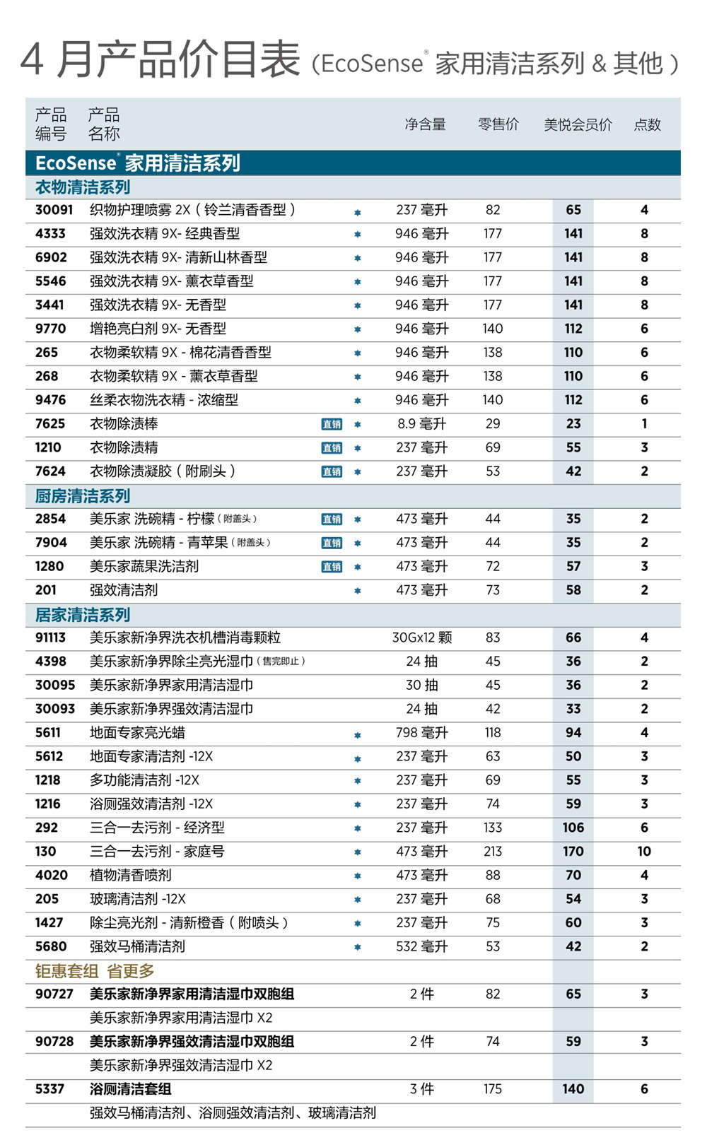 2026年4月份美乐家产品价目表